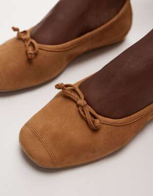 Mango Bow Suede Ballerina Medium Brown