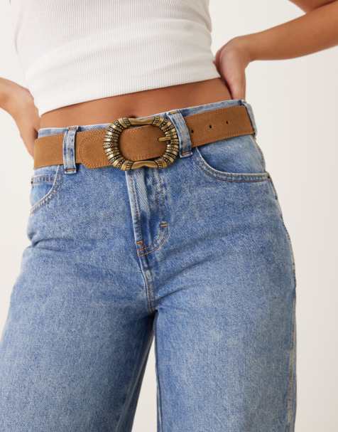 Mango suede belt with oversized textured buckle in tan - view 1