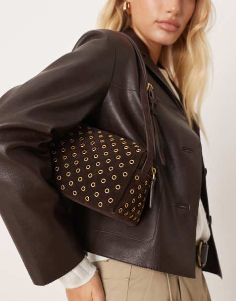 Mango suede eyelet small shoulder bag in dark brown - view 1