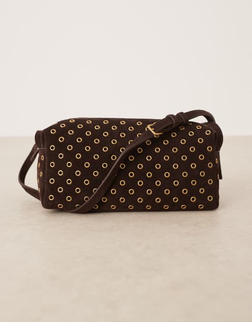 Mango suede eyelet small shoulder bag in dark brown, 3 of 4