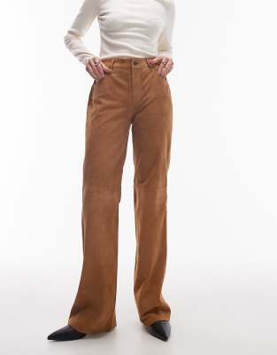 suede flared pants in brown