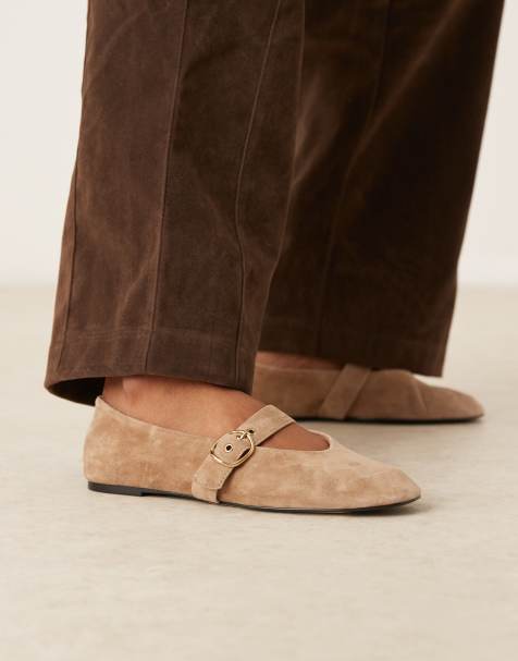 Mango suede flat shoe with strap in caramel - view 1
