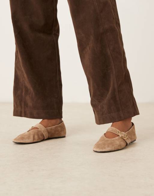 Mango suede flat shoe with strap in caramel, 2 of 4