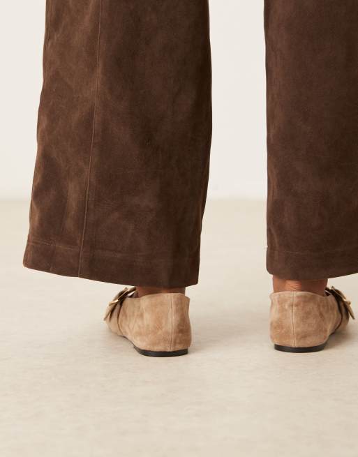 Mango suede flat shoe with strap in caramel, 3 of 4