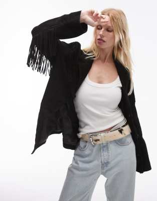 suede jacket with arm tassels in black