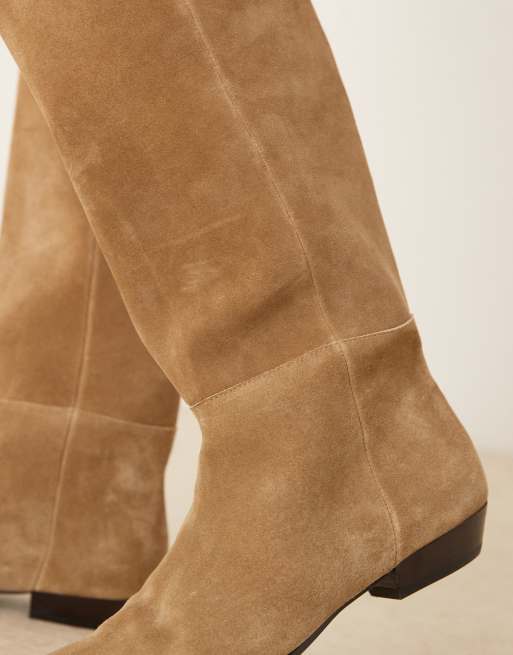 Mango suede knee high flat boot in tan, 3 of 4