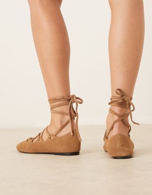 Mango Suede Lace Up Flat Shoes In Brown