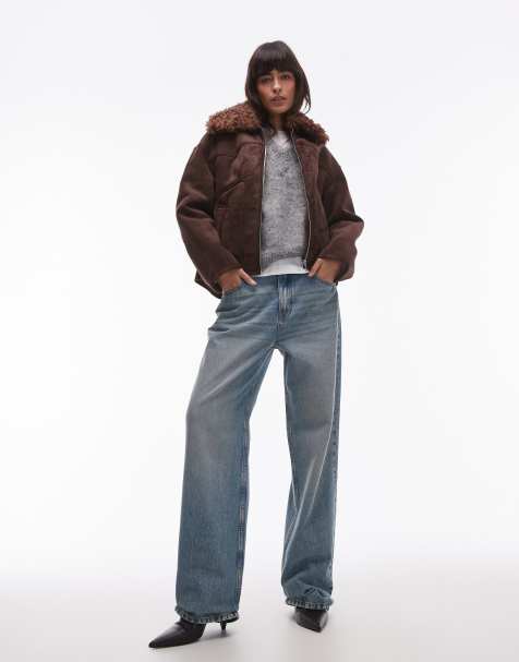 Mango suede look aviator with shearling collar in dark brown - view 1