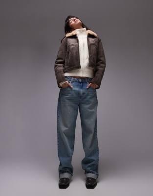 Mango Suede Look Cropped Aviator With Shearling Collar In Brown