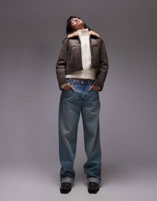 suede look cropped aviator with shearling collar in brown