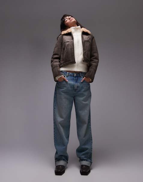 Mango suede look cropped aviator with shearling collar in brown - view 1