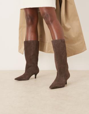 Mango Suede Pointed Heeled Boots In Brown