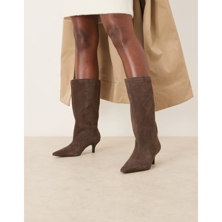 Mango suede pointed heeled boots in dark brown | ASOS