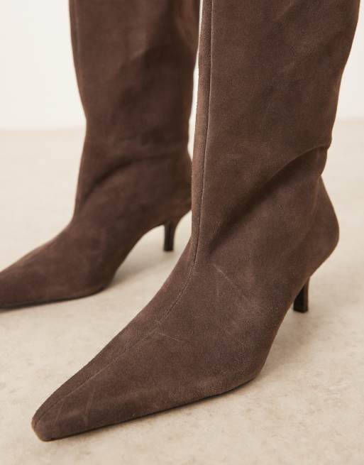 Mango suede pointed heeled boots in dark brown ASOS