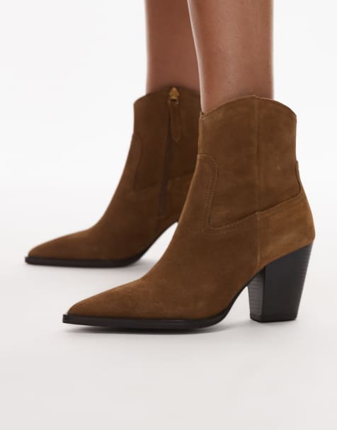 Mango suede pointed heeled western ankle boot in caramel - view 1