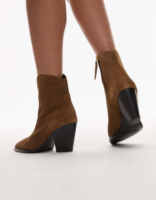 Mango suede pointed heeled western ankle boot in caramel ASOS