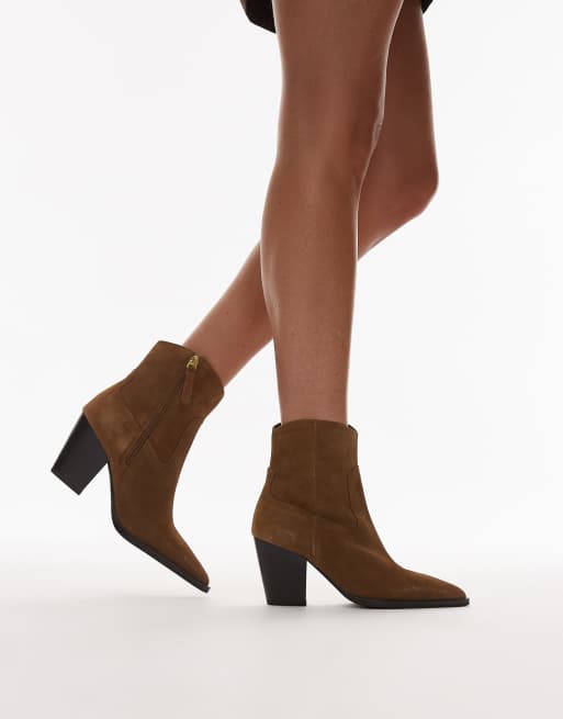 Mango suede pointed toe heeled western ankle boots in caramel ASOS