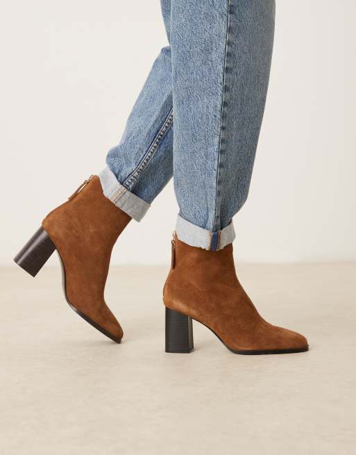 Mango suede round toe heeled western ankle boot in toffee