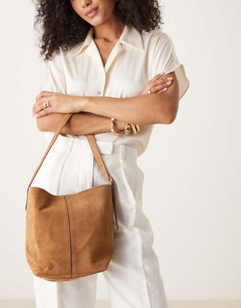 Mango suede shoulder bag with adjustable strap in toffee - view 1
