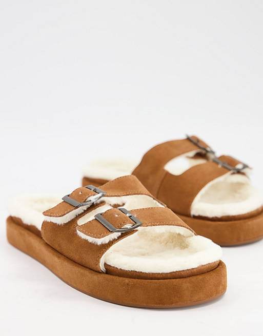 Mango suede slider lounge slippers with faux shearling lining in tan