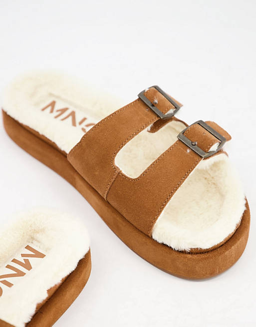  Mango suede slider lounge slippers with faux shearling lining in tan 