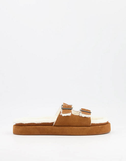  Mango suede slider lounge slippers with faux shearling lining in tan 