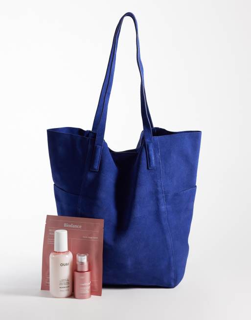 Mango suède slouchy tote tas in felblauw, 2 van 4