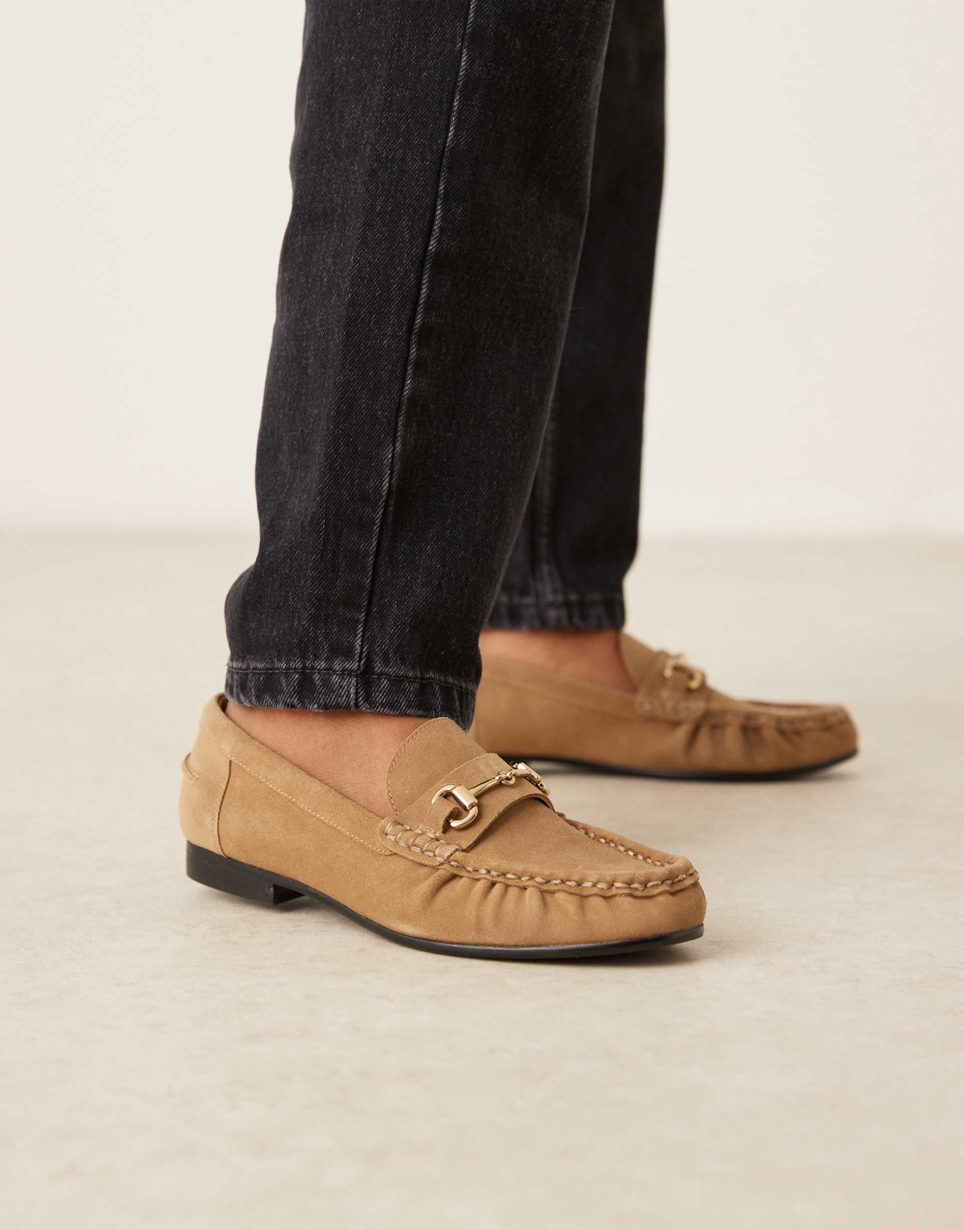 mango suede snaffle loafers in caramel
