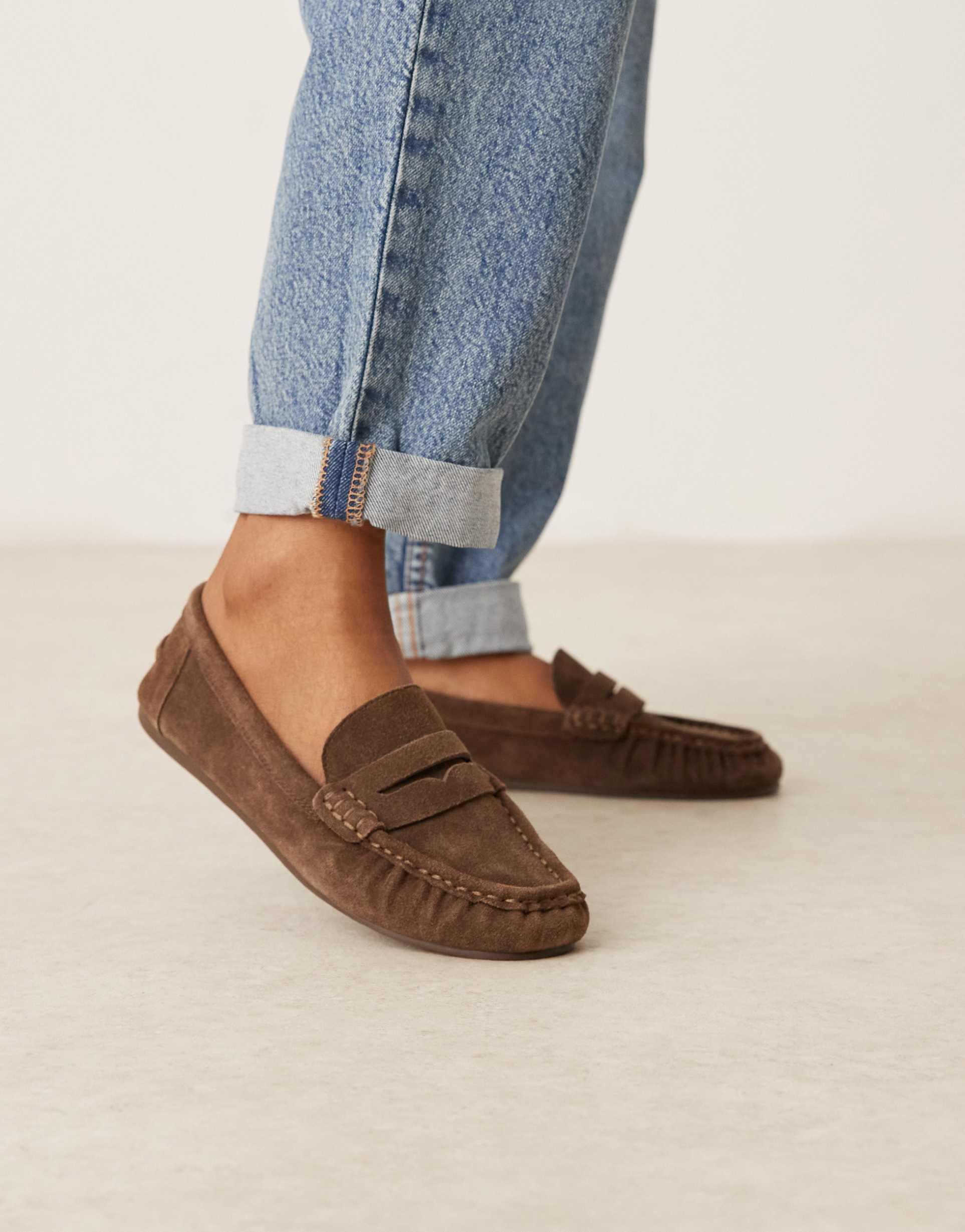 mango suede soft loafers in chestnut