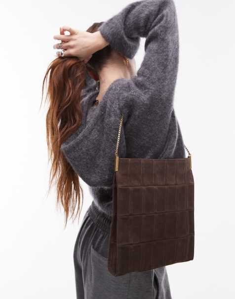Mango suede square shoulder bag in dark brown - view 1