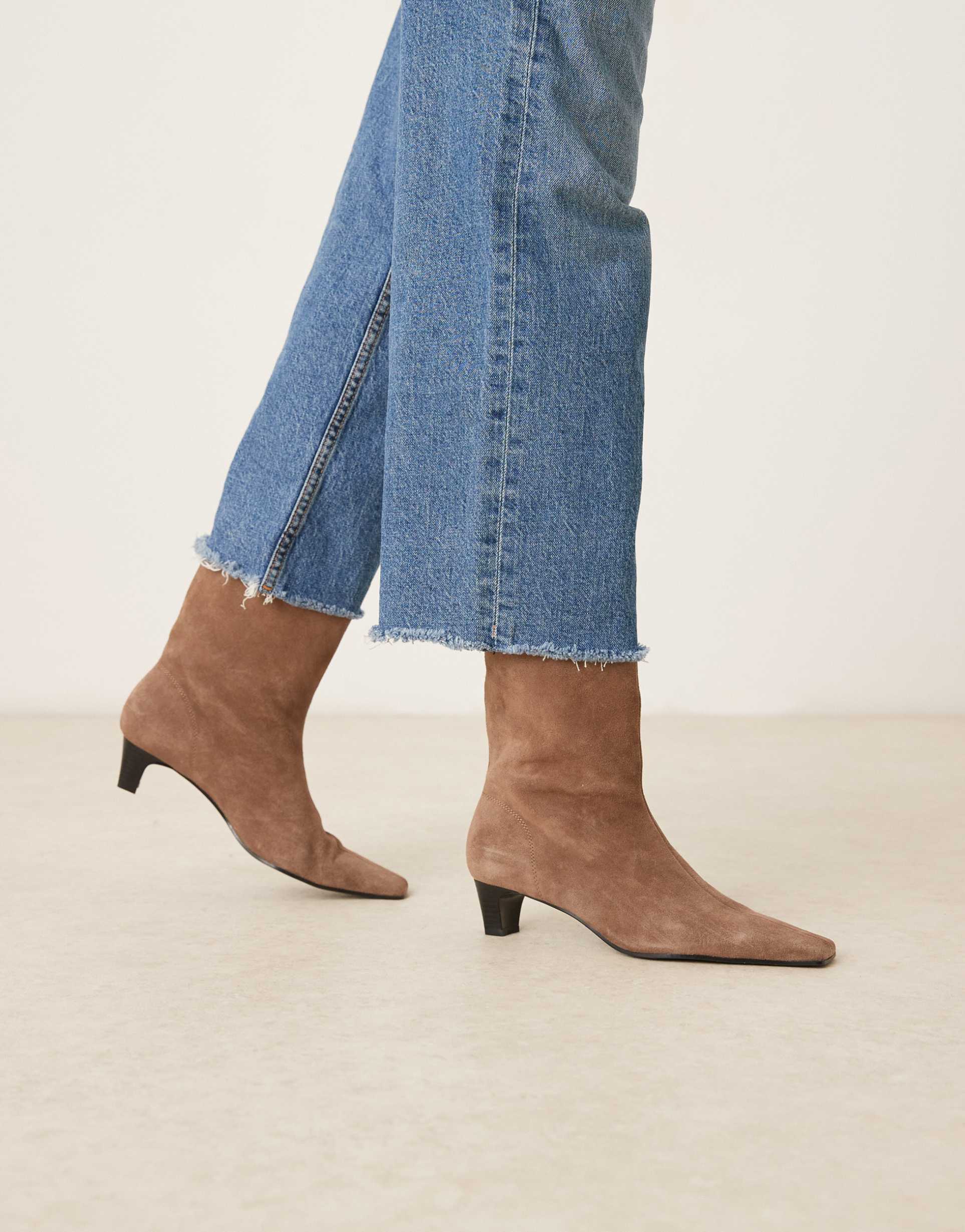 mango suede square toe low heeled boots in mocha