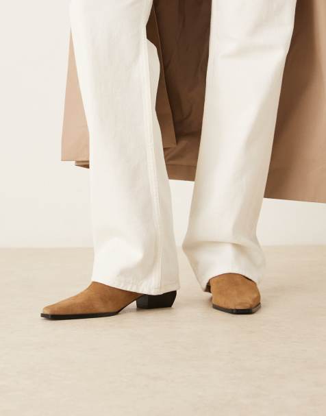 Mango suede square toe low heeled western ankle boot in latte - view 1