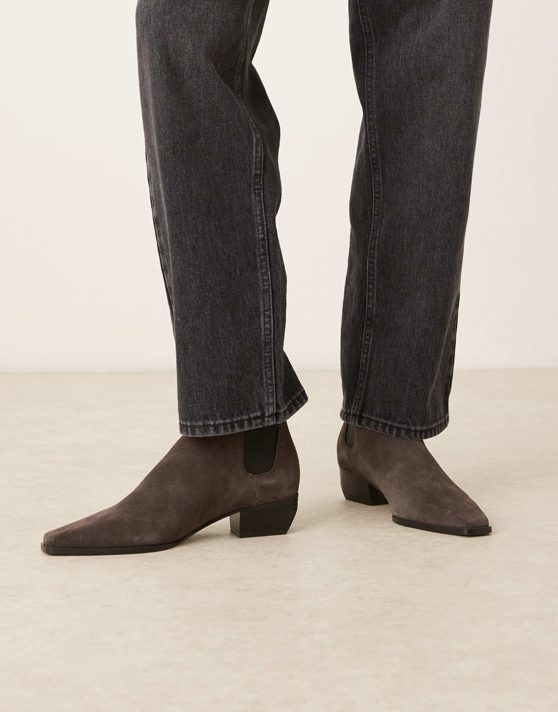 mango suede square toe low heeled western ankle boots in gray