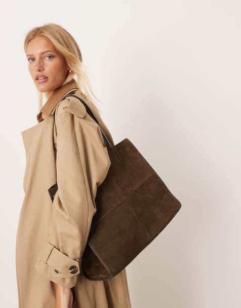 Mango suede structured tote bag in khaki - view 1