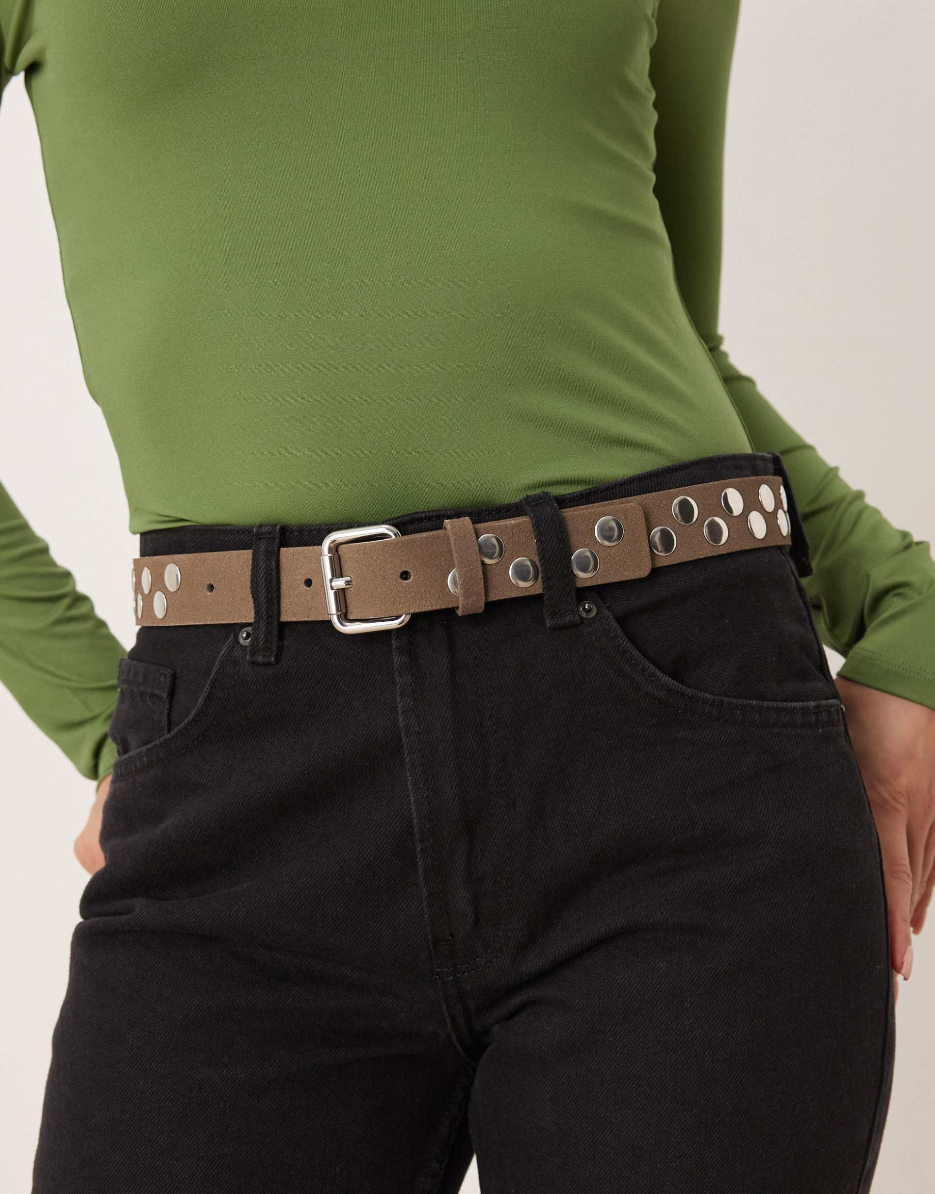 mango suede studded belt in mushroom