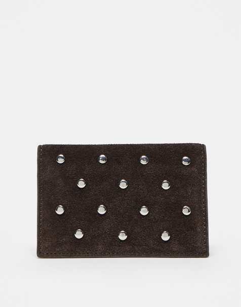 Mango suede studded card holder in brown - view 1