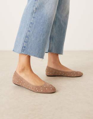 Mango Suede Studded Flat Shoes In Brown