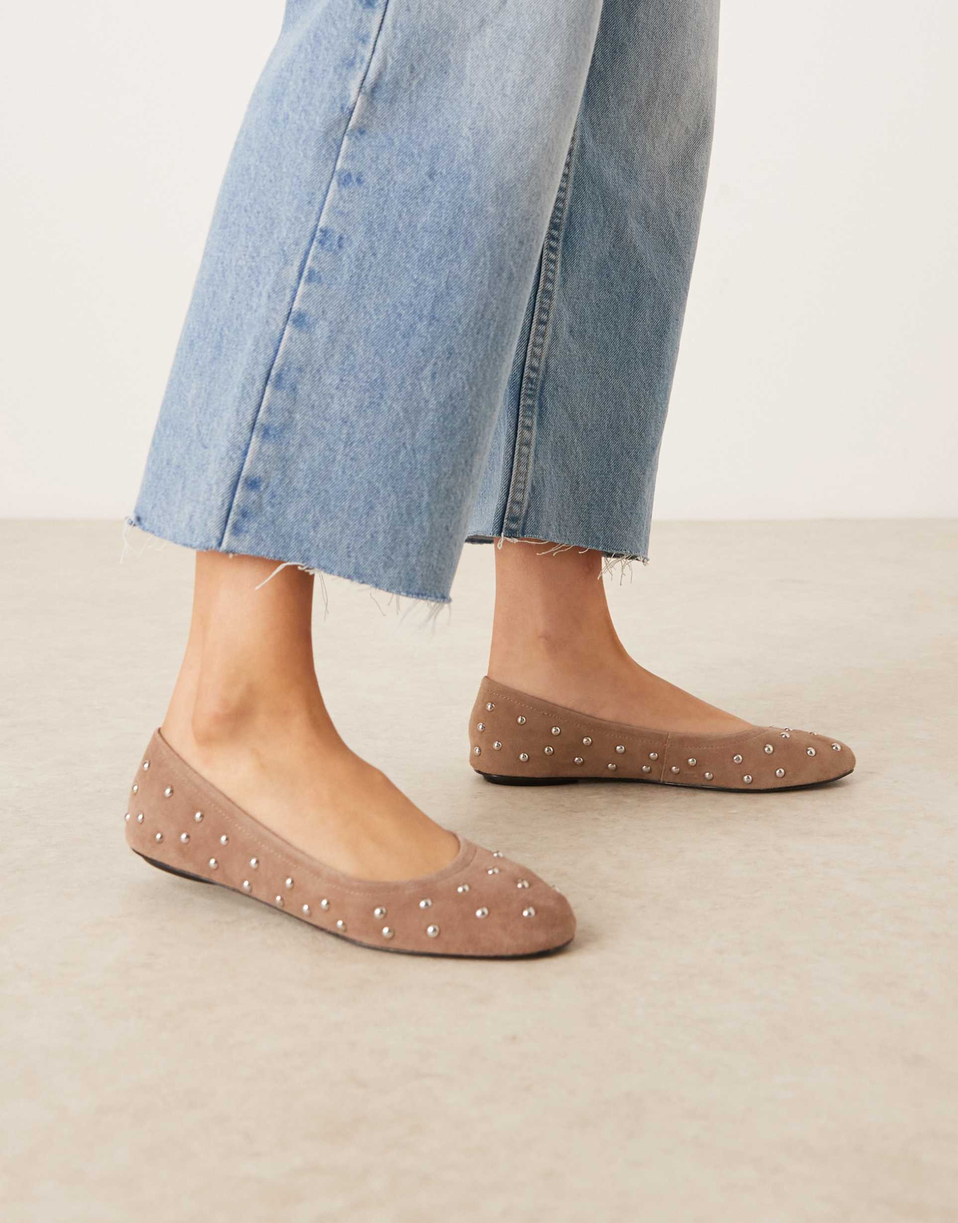 mango suede studded flat shoes in caramel