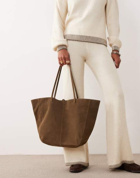Mango suede tote bag in khaki - view 1