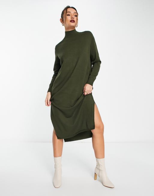 Mango – Sukienka dzianinowa midi w kolorze khaki z rozcięciem na nogach i długimi rękawami