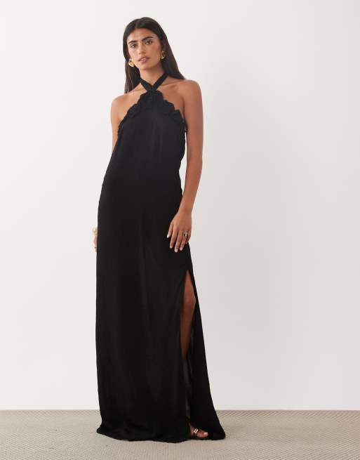 Mango sukienka maxi z dekoltem halter i detalem róży w czerni, 2 z 4