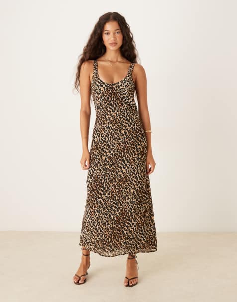 Mango scoop neck midi dress in leopard