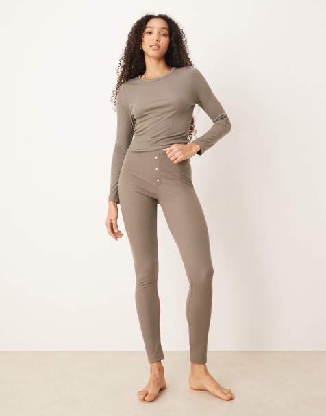 Mango - Svampefarvede ribstrikkede pyjamasbukser med elastisk taljekant - view 1