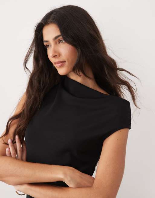 Mango – Svart, asymmetrisk midiklänning med korta ärmar, 4 av 4