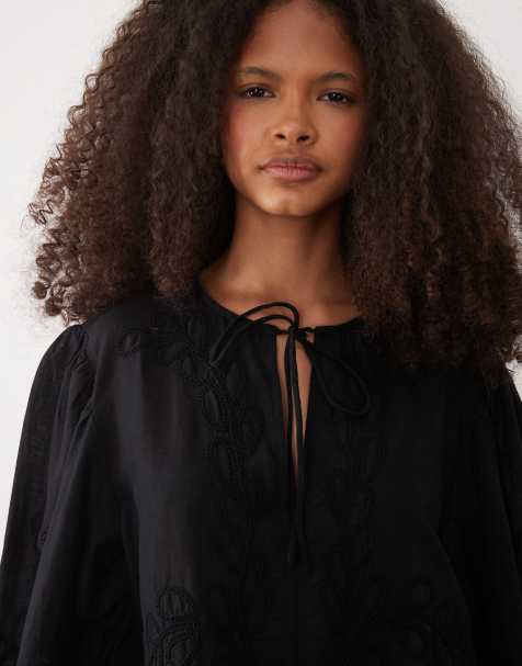 Mango – Svart blus med markerad midja i 100% bomull - view 1