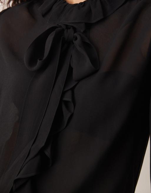 Mango – Svart blus med volang och knytning vid halsen, 4 av 4