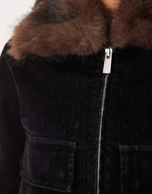Mango – Svart jeansjacka med fuskpälskrage, 3 av 4