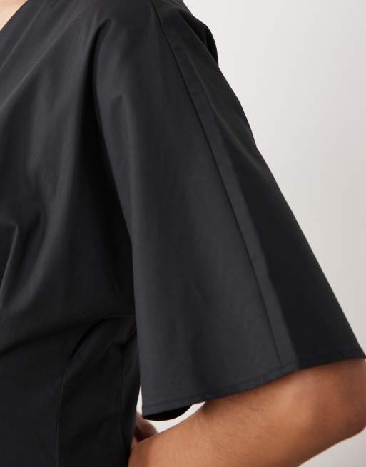 Mango – Svart midiklänning i bomullsmix med v-ringning och puffärmar, 4 av 4