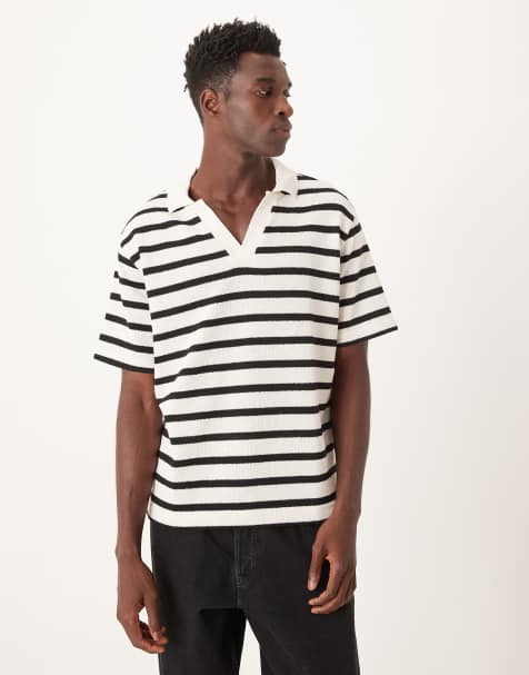 Mango – Svart och vitrandig topp i bomullsmix med avslappnad passform, korta ärmar och pikékrage - view 1