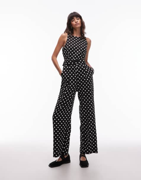 Mango – Svart, prickig jumpsuit med rak passform och indraget midjeskärp - view 1